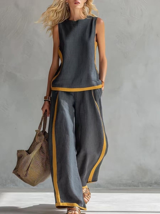 Pants - Daphne Sleeveless Charcoal Gray & Orange Trim Wide-Leg Pants Suit